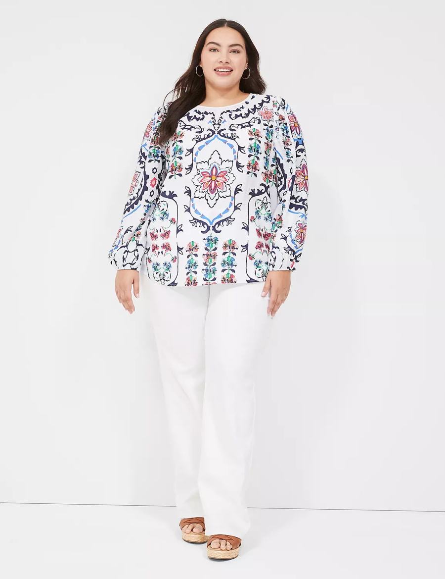 Women Lane Bryant Long-Sleeve Peasant Blouse White Multicolor | LPT5717CE