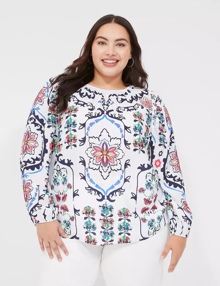 Women Lane Bryant Long-Sleeve Peasant Blouse White Multicolor | LPT5717CE