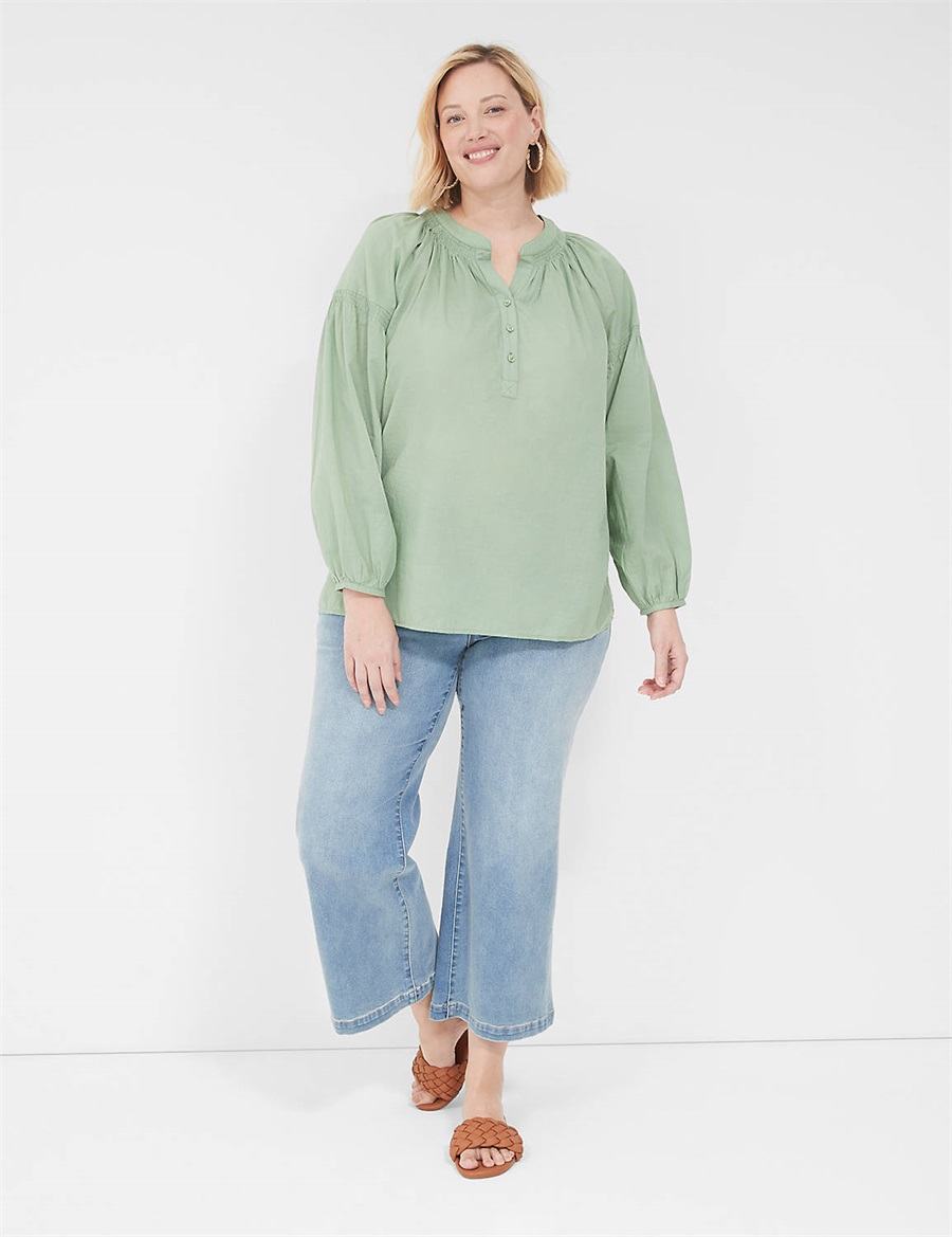 Women Lane Bryant Long-Sleeve Split-Neck Popover Shirts Light Green | MYP3656NW