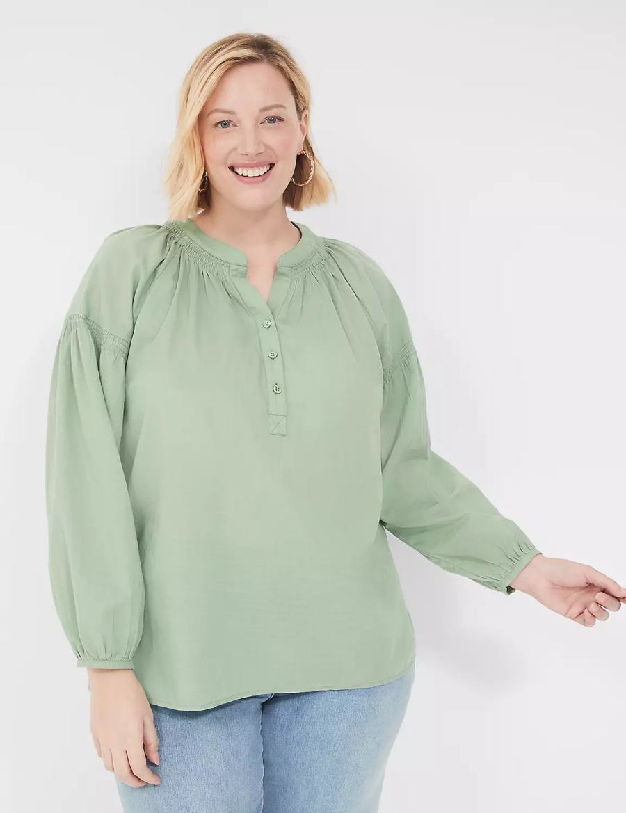 Women Lane Bryant Long-Sleeve Split-Neck Popover Shirts Light Green | MYP3656NW