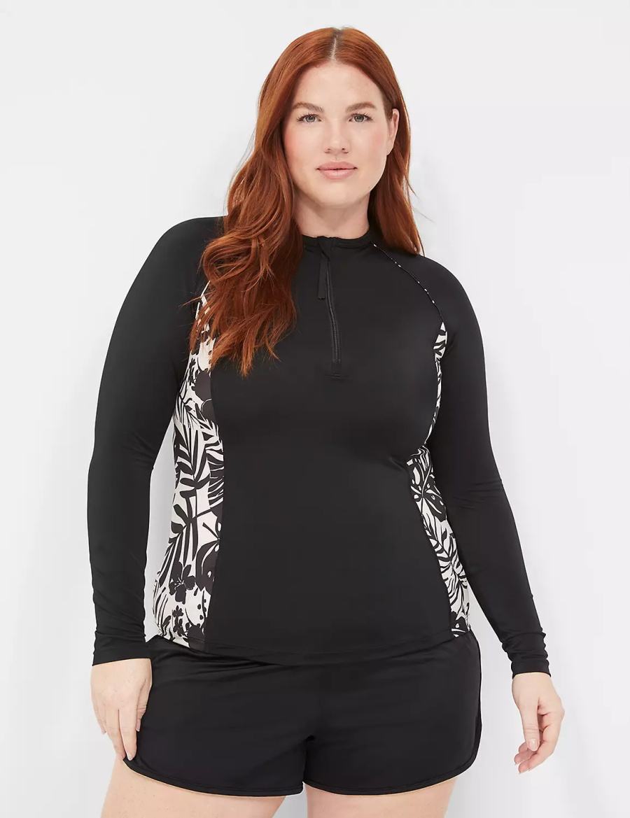 Women Lane Bryant Long-Sleeve Swim Rash Guard Swimsuits Black | JZT8096FB