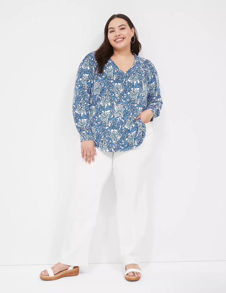 Women Lane Bryant Long-Sleeve V-Neck Blouse Blue | SLO9191VW