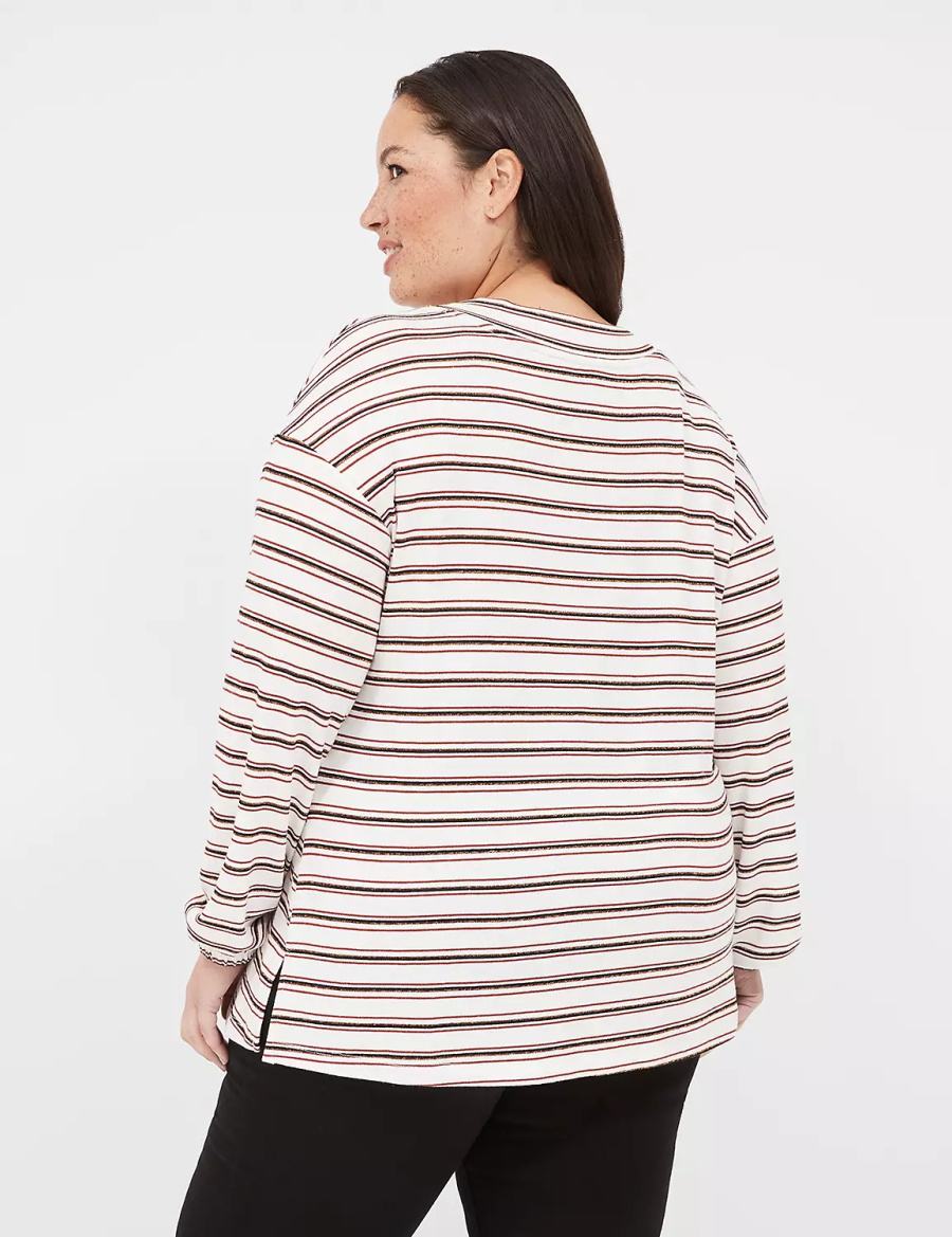 Women Lane Bryant Lurex Blouson-Sleeve V-Neck Tunic T Shirts White Black Stripes | QRX8145WY