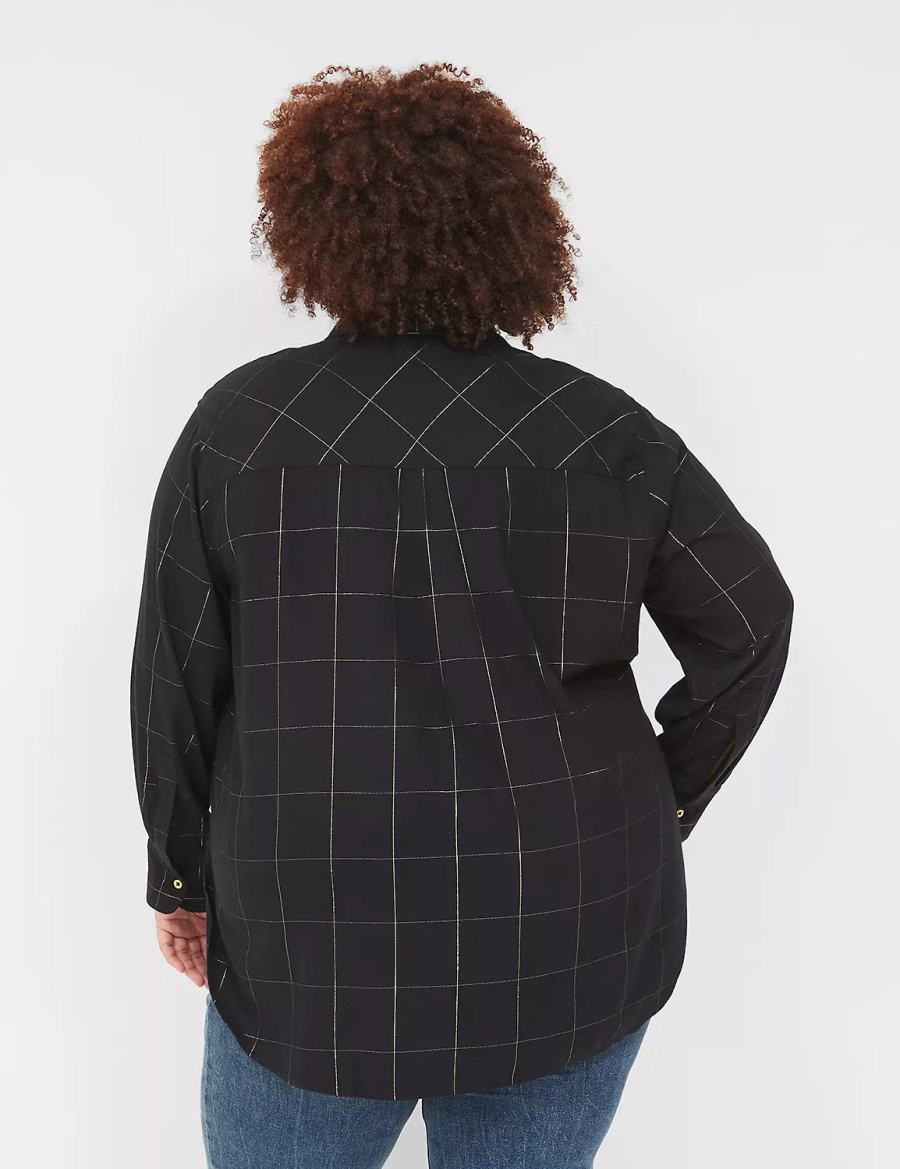 Women Lane Bryant Lurex Button-Down Plaid Flannel Shirts Black | HPU7256PP