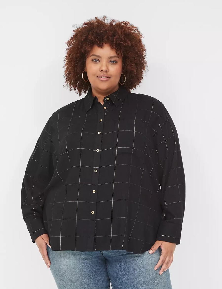 Women Lane Bryant Lurex Button-Down Plaid Flannel Shirts Black | HPU7256PP