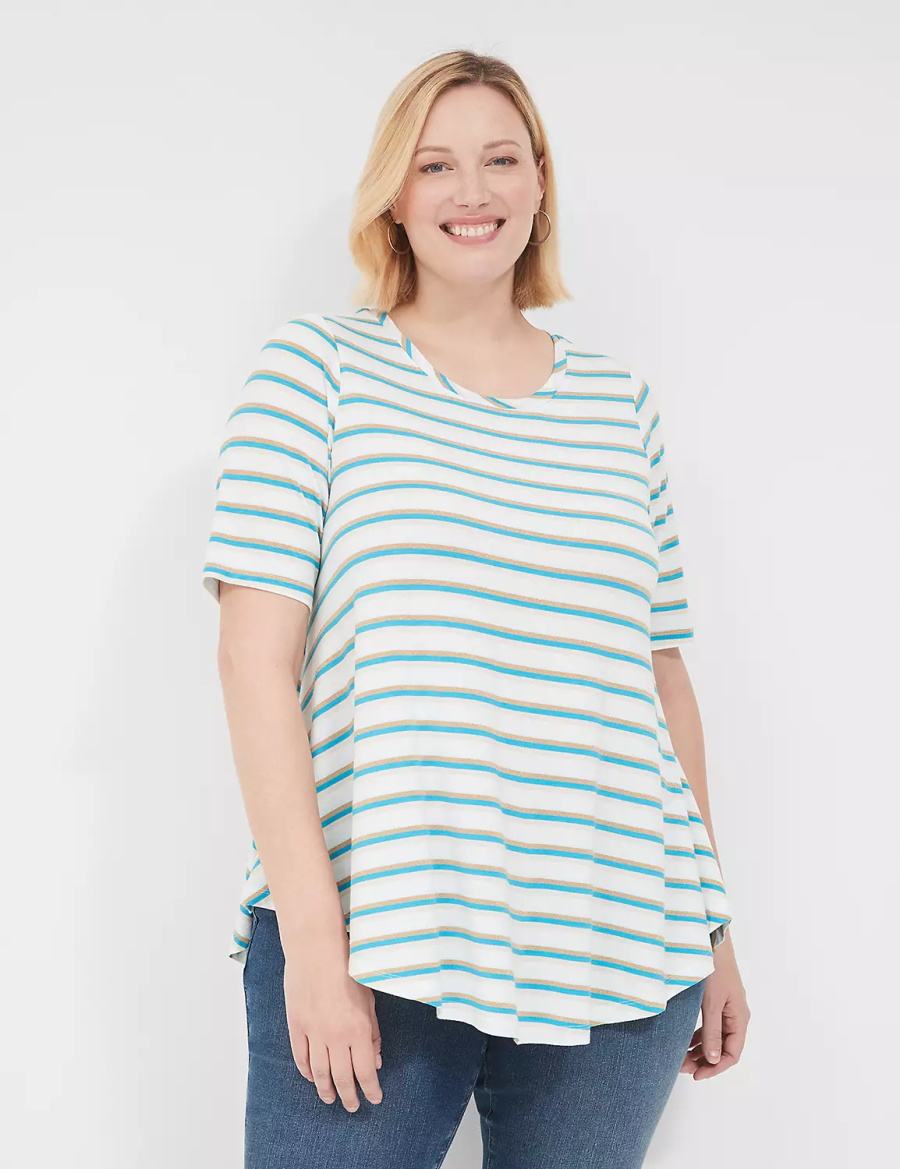 Women Lane Bryant Lurex Max Swing Perfect Sleeve Crew-Neck Tee T Shirts White Stripes | OWH3597ME