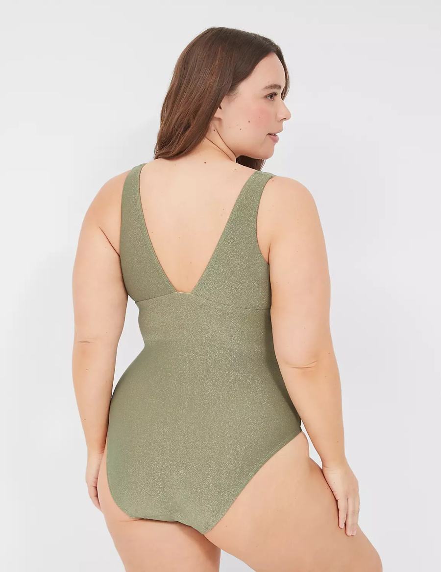 Women Lane Bryant Lurex No-Wire Plunge One-Piece Swimsuits Green | QRL7263PS