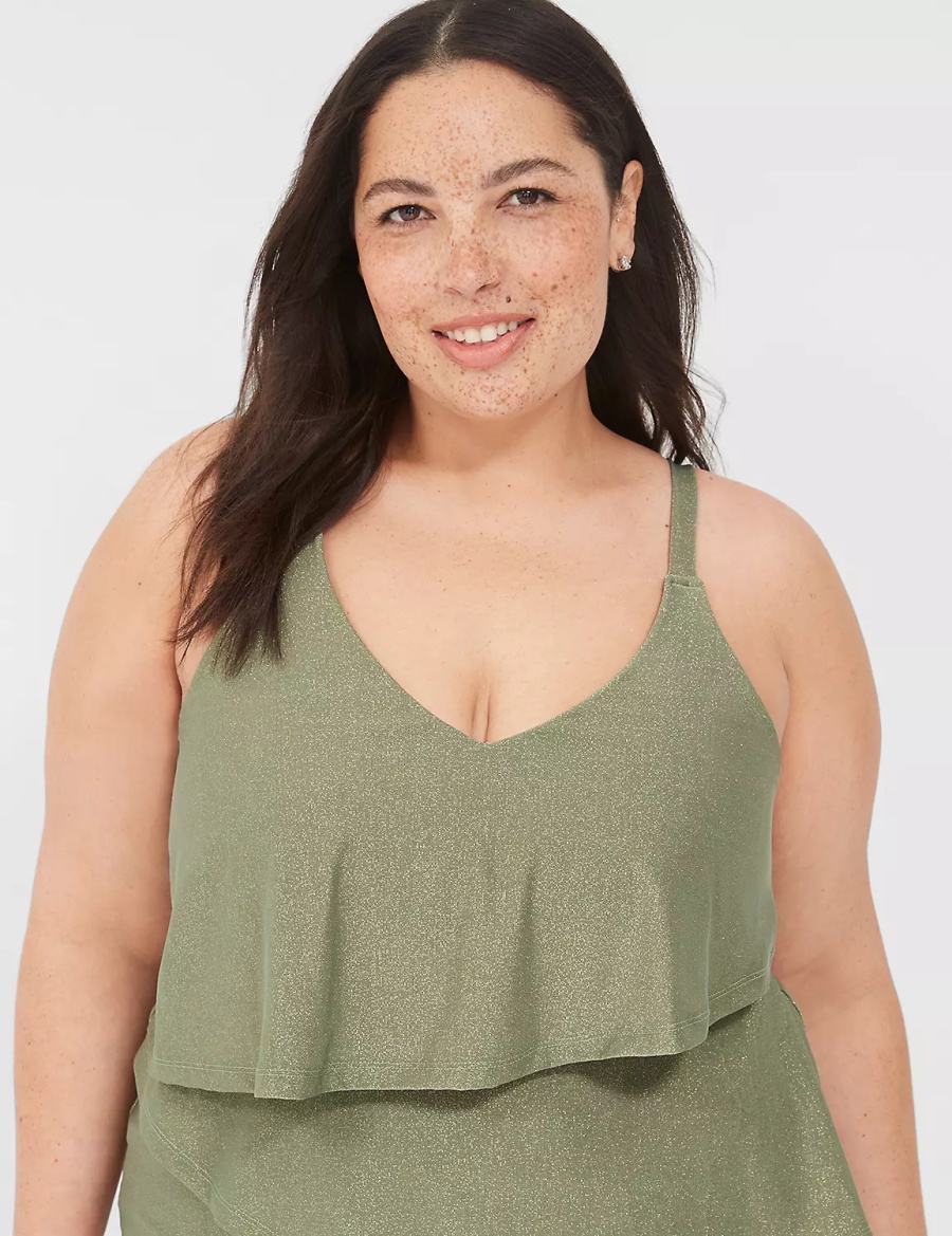 Women Lane Bryant Lurex No-Wire Three-Tier Tankini Bikini Top Green | HVC974UE