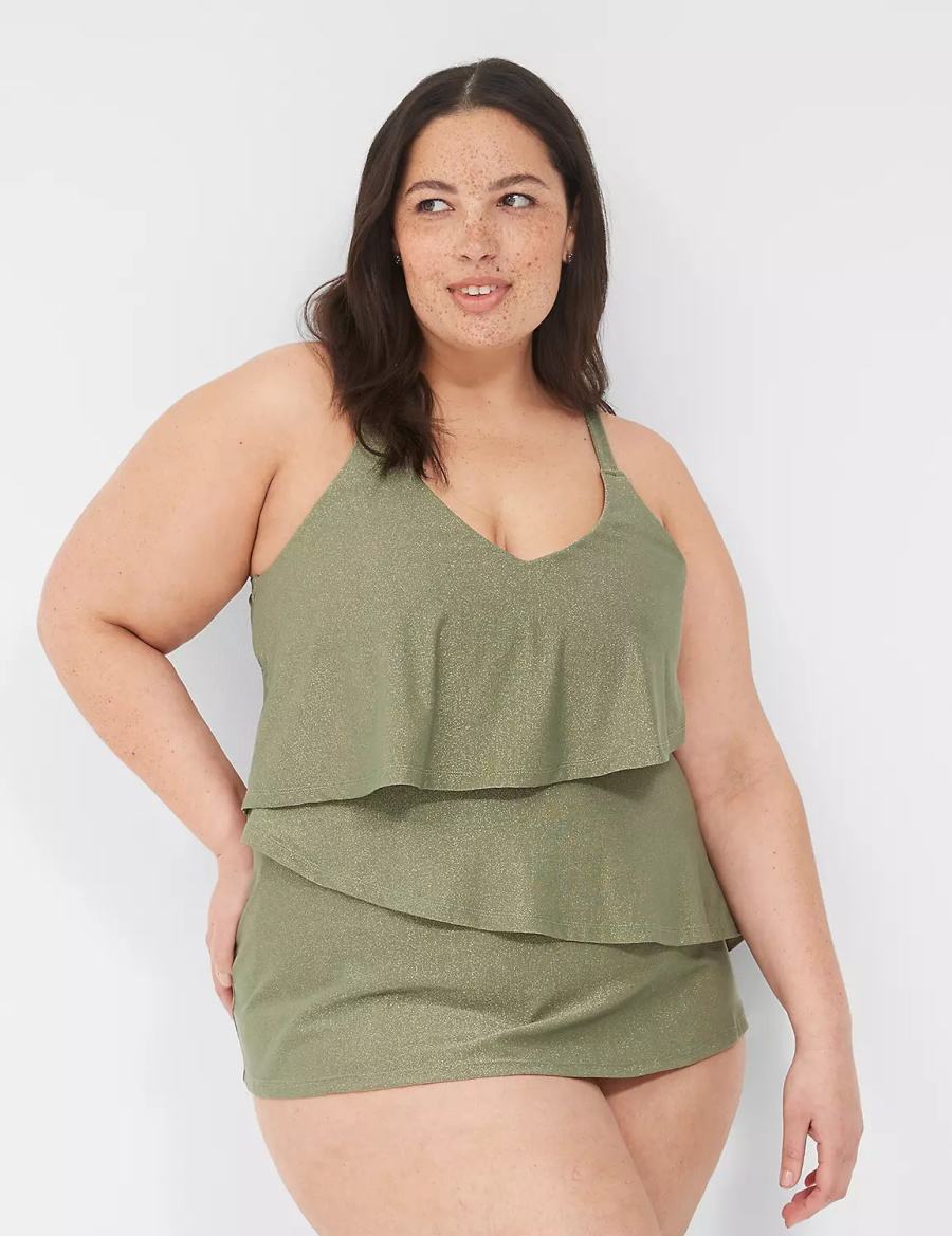 Women Lane Bryant Lurex No-Wire Three-Tier Tankini Bikini Top Green | HVC974UE