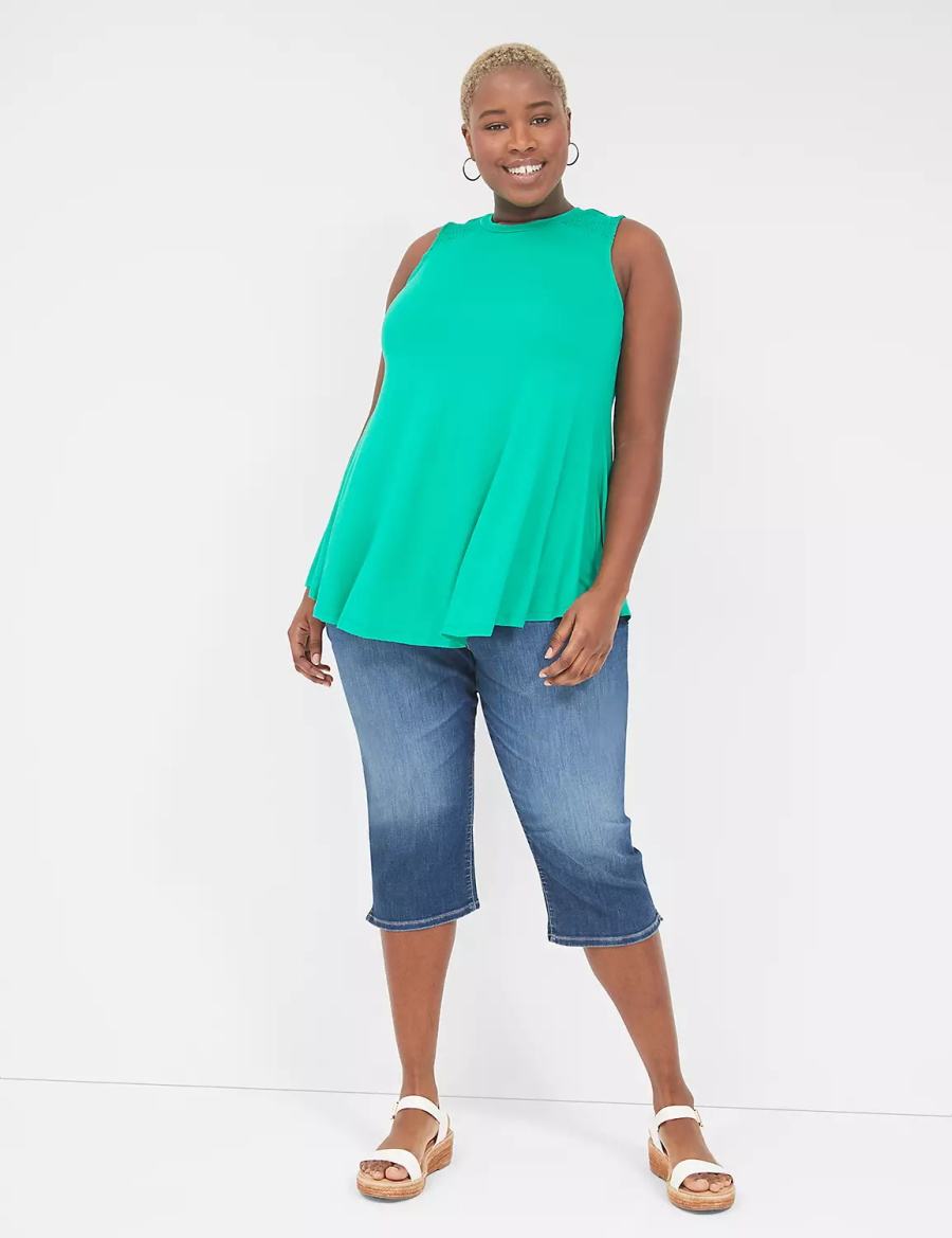 Women Lane Bryant Max Swing High-Neck Smocked-Shoulder Tunic T Shirts Turquoise | WCJ1744UG