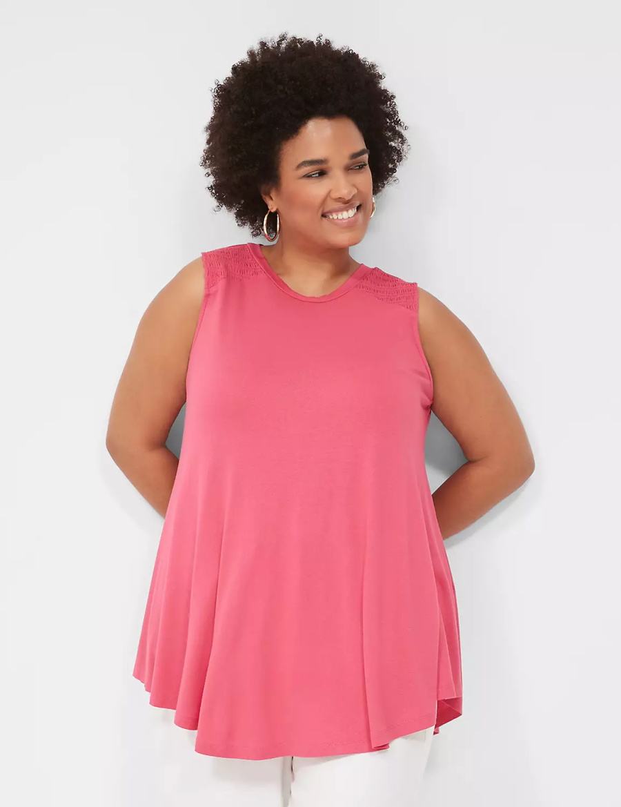 Women Lane Bryant Max Swing High-Neck Smocked-Shoulder Tunic T Shirts Pink | FJG1426MS