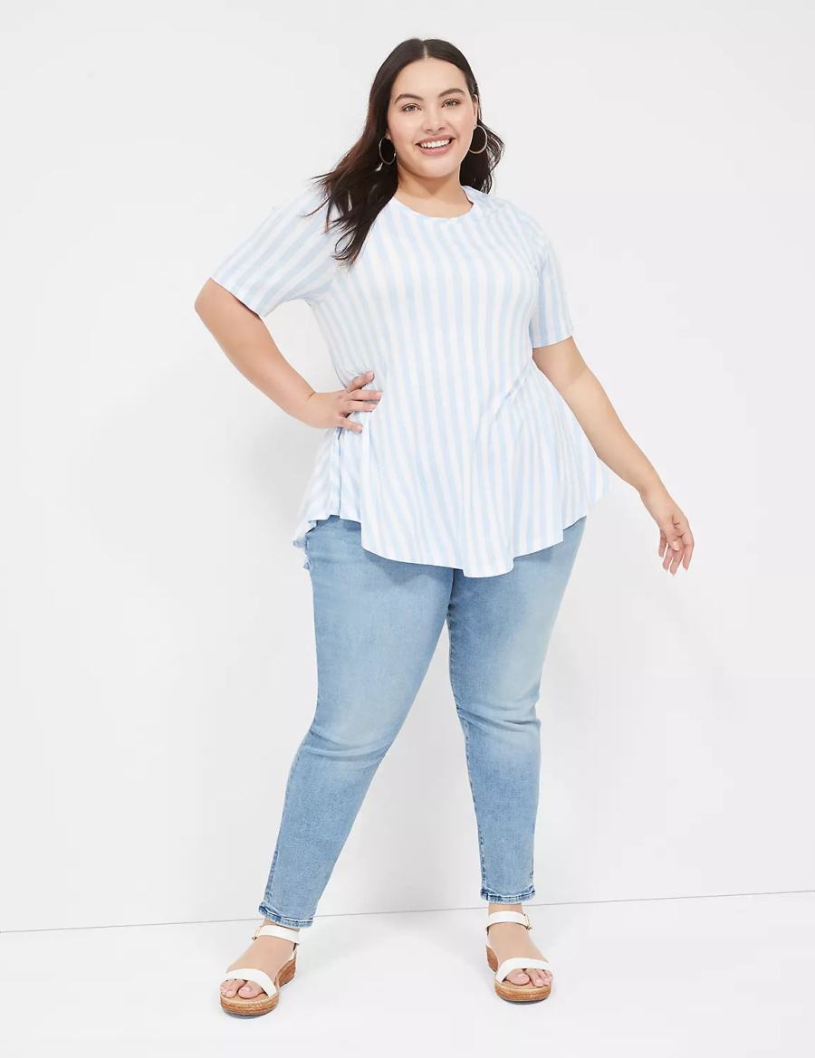 Women Lane Bryant Max Swing Perfect Sleeve Crew-Neck Tee T Shirts Light Blue Stripes | VWM888EE