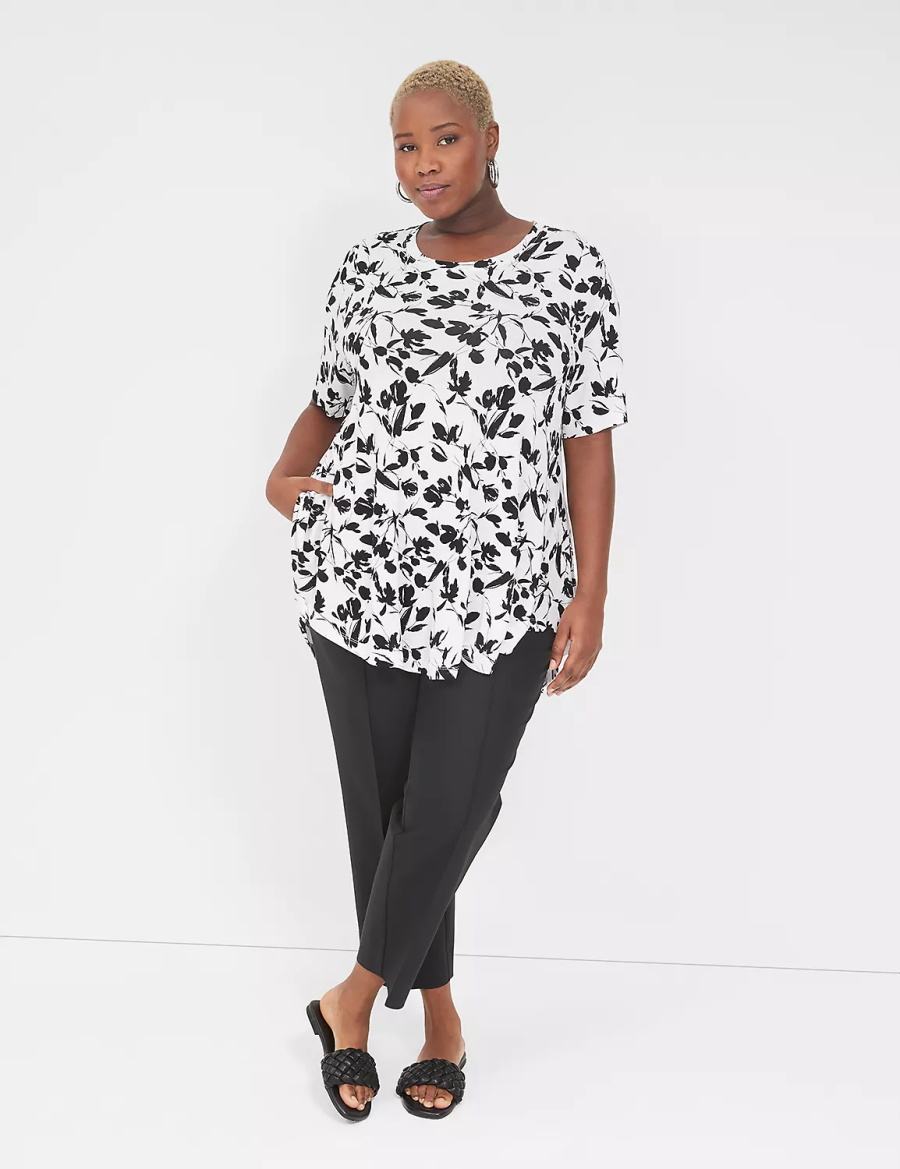 Women Lane Bryant Max Swing Perfect Sleeve Crew-Neck Tee T Shirts Black White | FCB9459EH