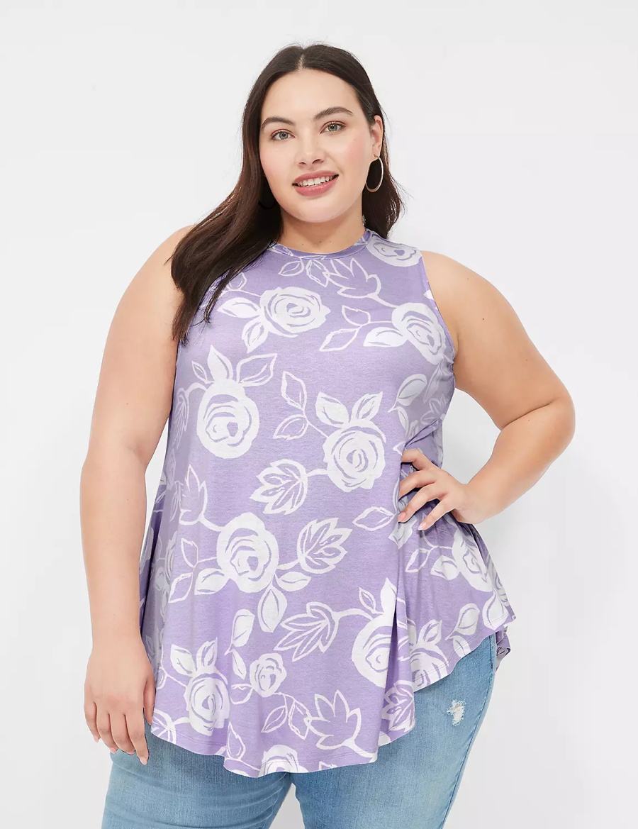 Women Lane Bryant Max Swing Sleeveless High-Neck Tunic T Shirts White Purple | AZW3638AQ