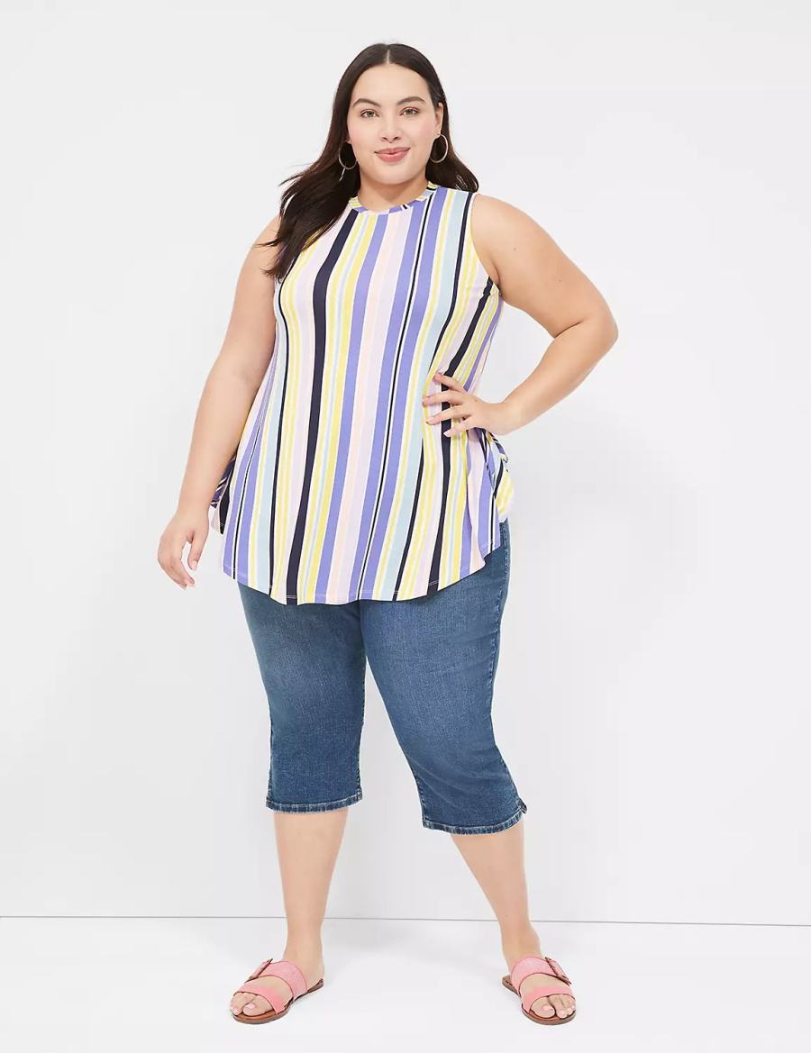 Women Lane Bryant Max Swing Sleeveless High-Neck Tunic T Shirts Purple Multicolor Stripes | EPO949YO