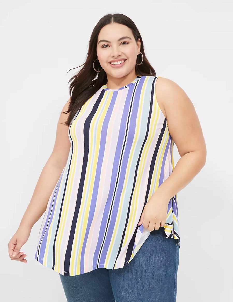 Women Lane Bryant Max Swing Sleeveless High-Neck Tunic T Shirts Purple Multicolor Stripes | EPO949YO