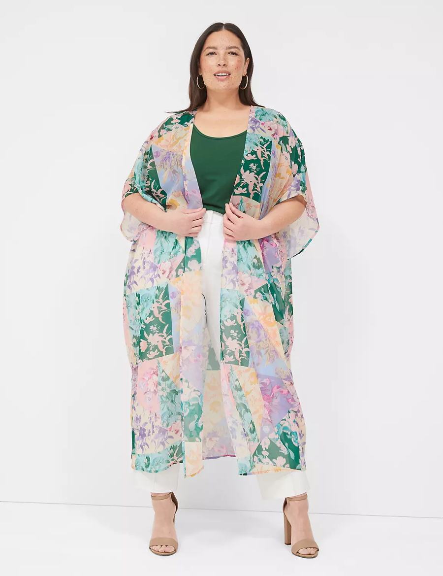 Women Lane Bryant Maxi Open-Front Overpiece Robe Green Multicolor | BET6211PJ