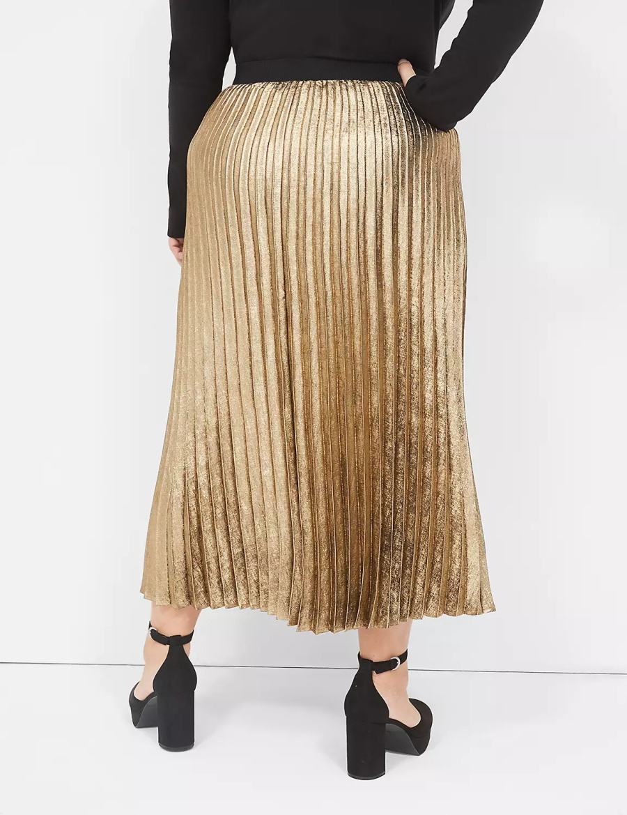 Women Lane Bryant Metallic Pleated Midi Skirts Gold | MTI2583YX