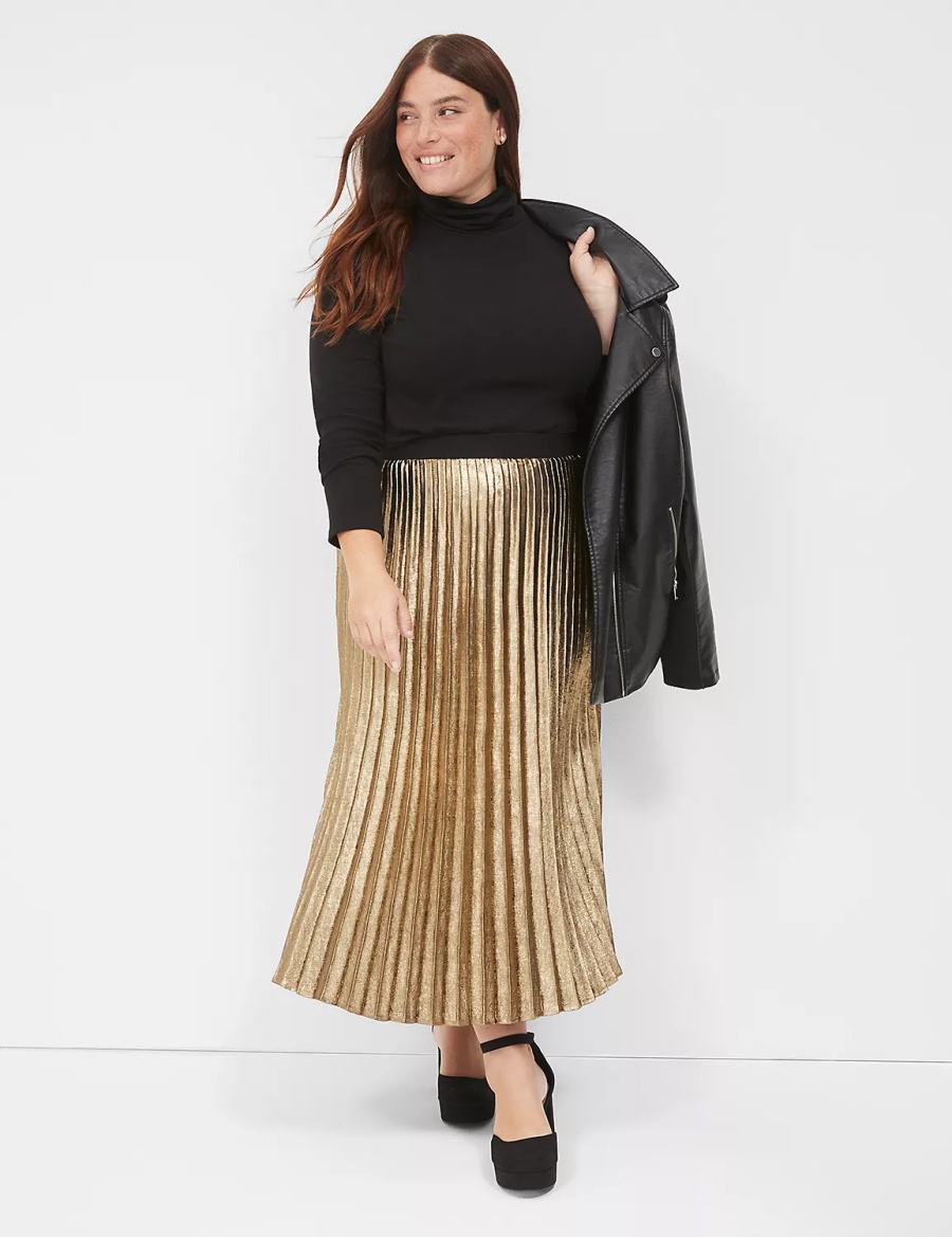 Women Lane Bryant Metallic Pleated Midi Skirts Gold | MTI2583YX