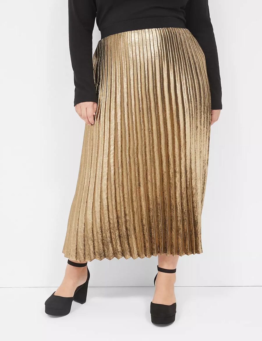 Women Lane Bryant Metallic Pleated Midi Skirts Gold | MTI2583YX