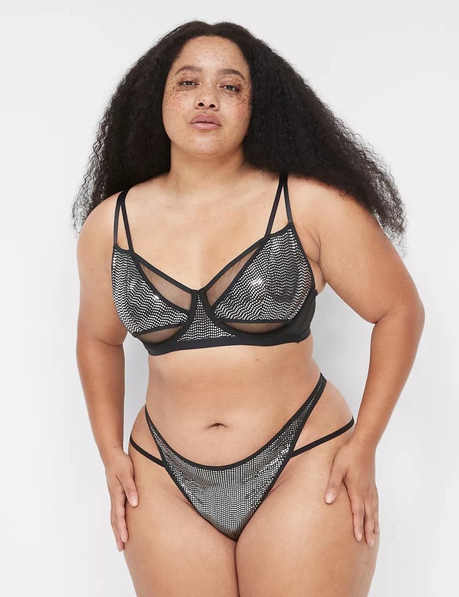 Women Lane Bryant Metallic Strappy Demi Unlined Bra Black Silver | CBX7771TE