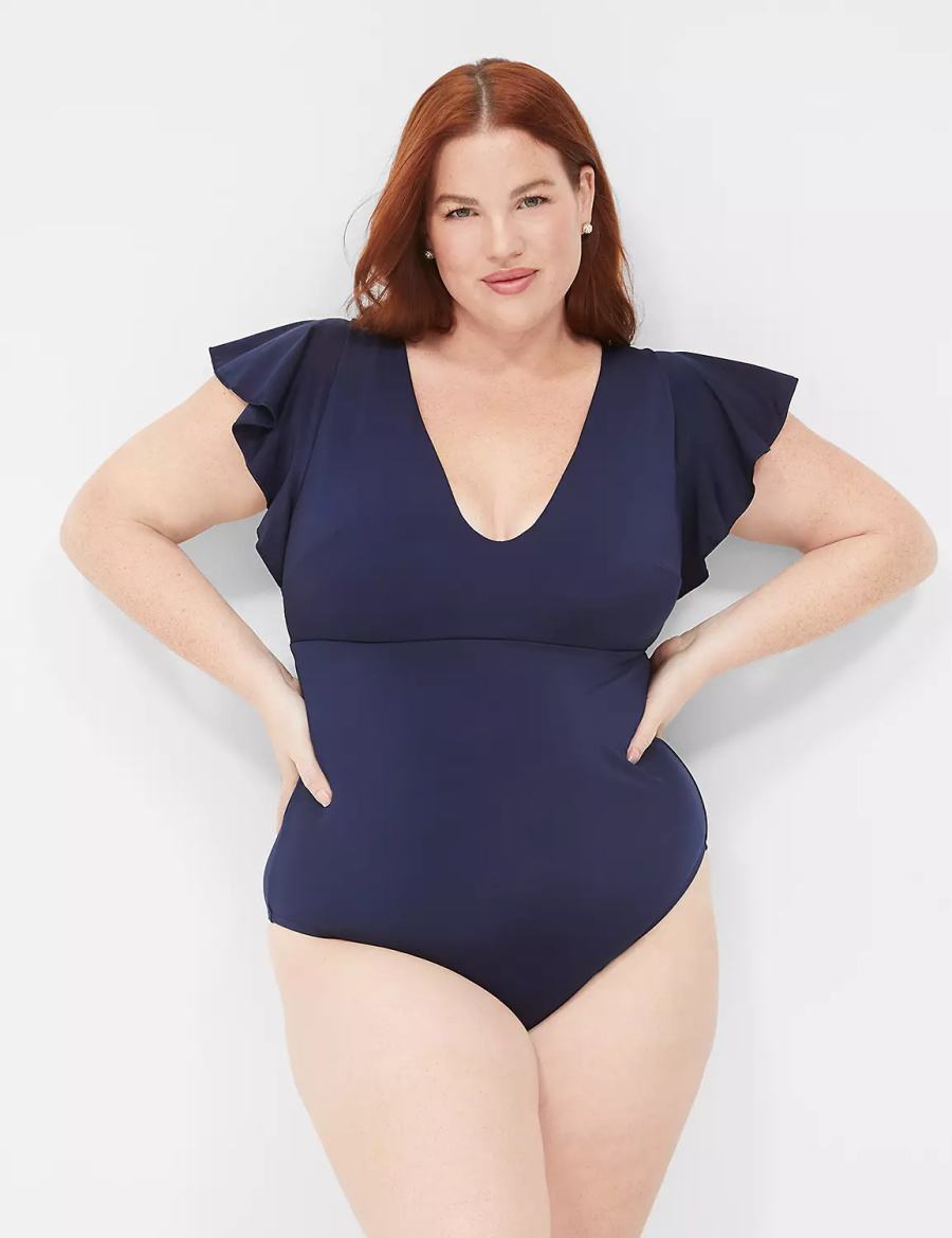 Women Lane Bryant No-Wire Flutter-Sleeve One-Piece Swimsuits Blue | TSJ458RS