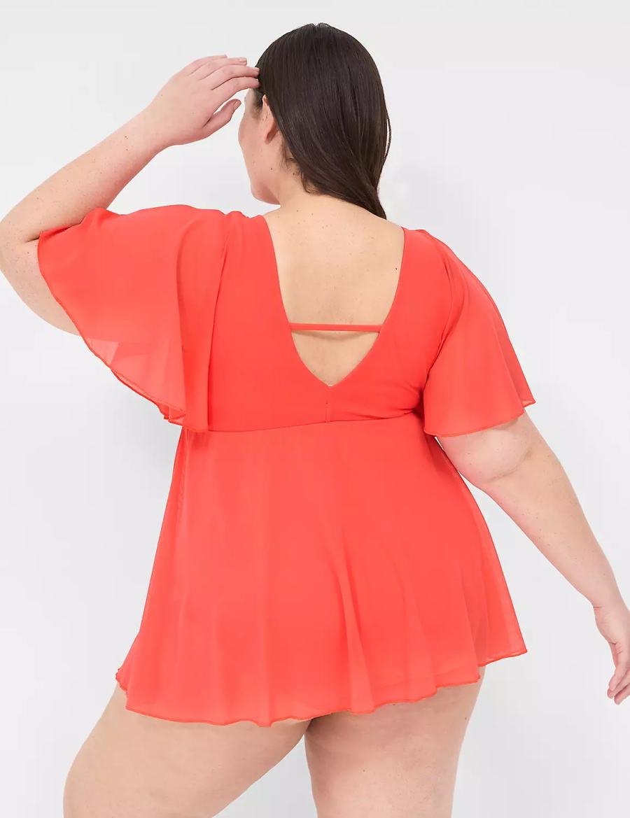 Women Lane Bryant No-Wire Flutter-Sleeve Swim Dress Coral | EJU7286YG