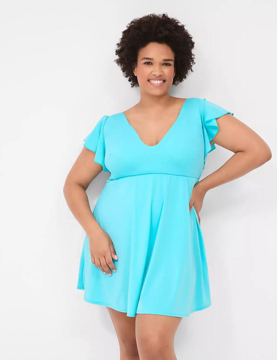 Women Lane Bryant No-Wire Flutter-Sleeve Swim Dress Blue | ULK8284QR