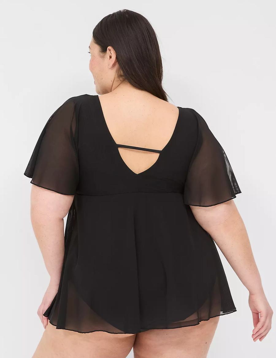 Women Lane Bryant No-Wire Flutter-Sleeve Swim Dress Black | ZPS8445NN