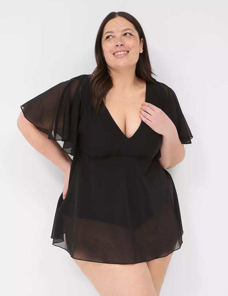 Women Lane Bryant No-Wire Flutter-Sleeve Swim Dress Black | ZPS8445NN