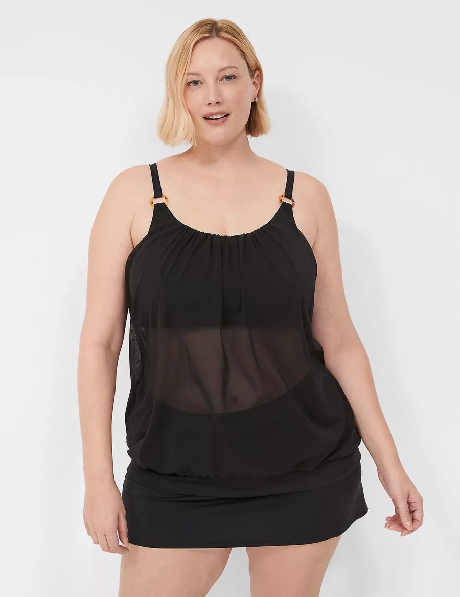 Women Lane Bryant No-Wire Mesh Blouson Tankini Bikini Top Black | CXZ148IF