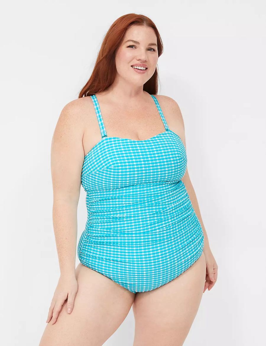 Women Lane Bryant No-Wire Multi-Way Strapless One-Piece Swimsuits Blue White | VXM8113OQ