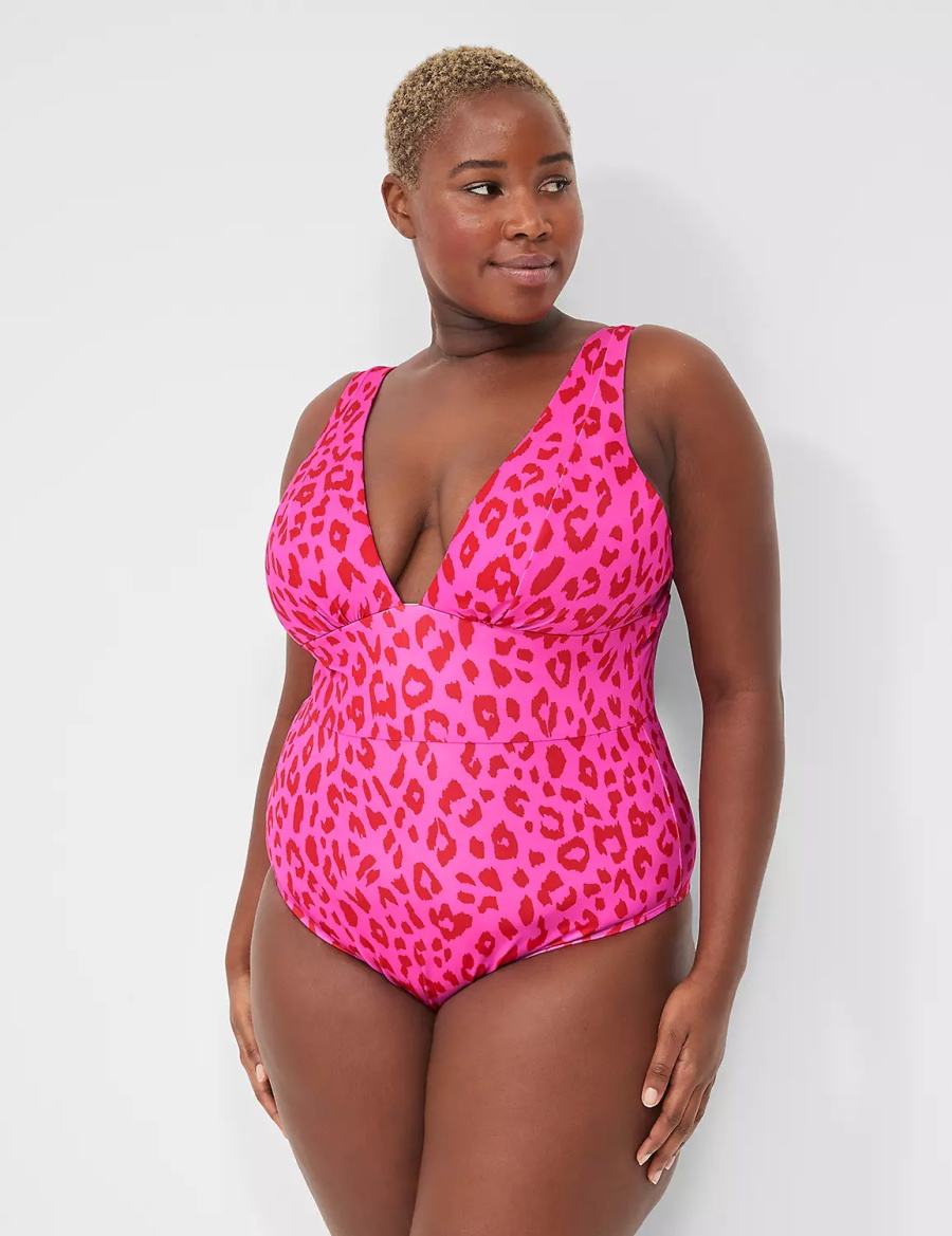 Women Lane Bryant No-Wire Plunge One-Piece Swimsuits Pink | KXF4386PR