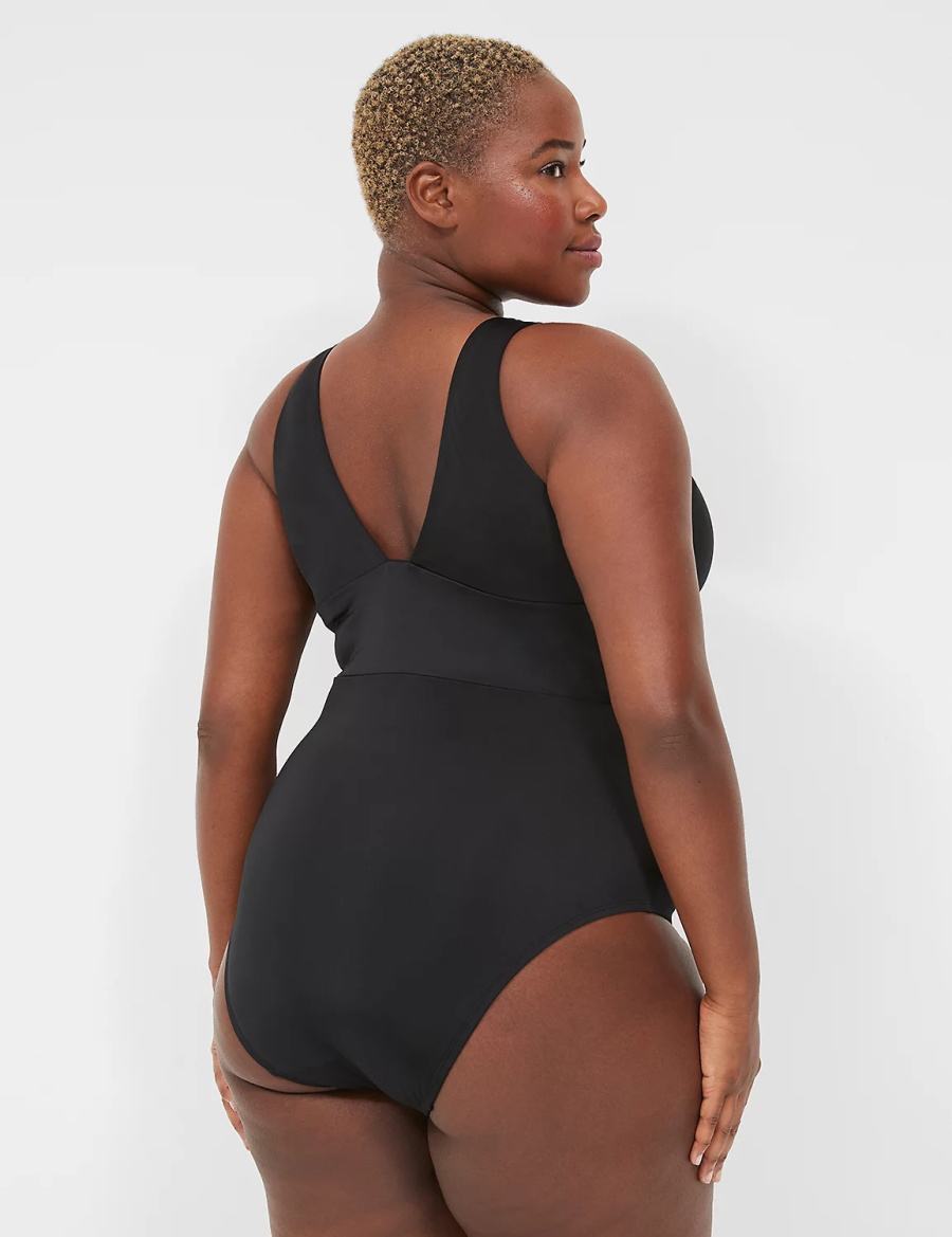 Women Lane Bryant No-Wire Plunge One-Piece Swimsuits Black | ATK396UO