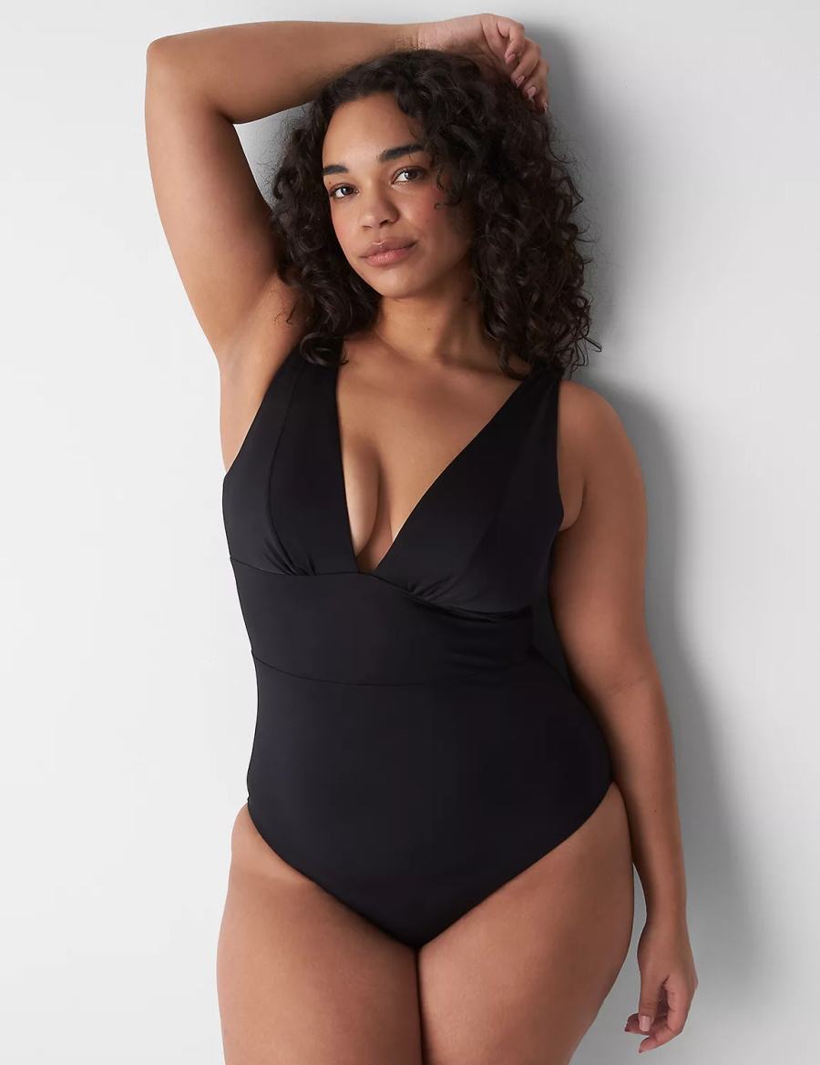 Women Lane Bryant No-Wire Plunge One-Piece Swimsuits Black | ATK396UO