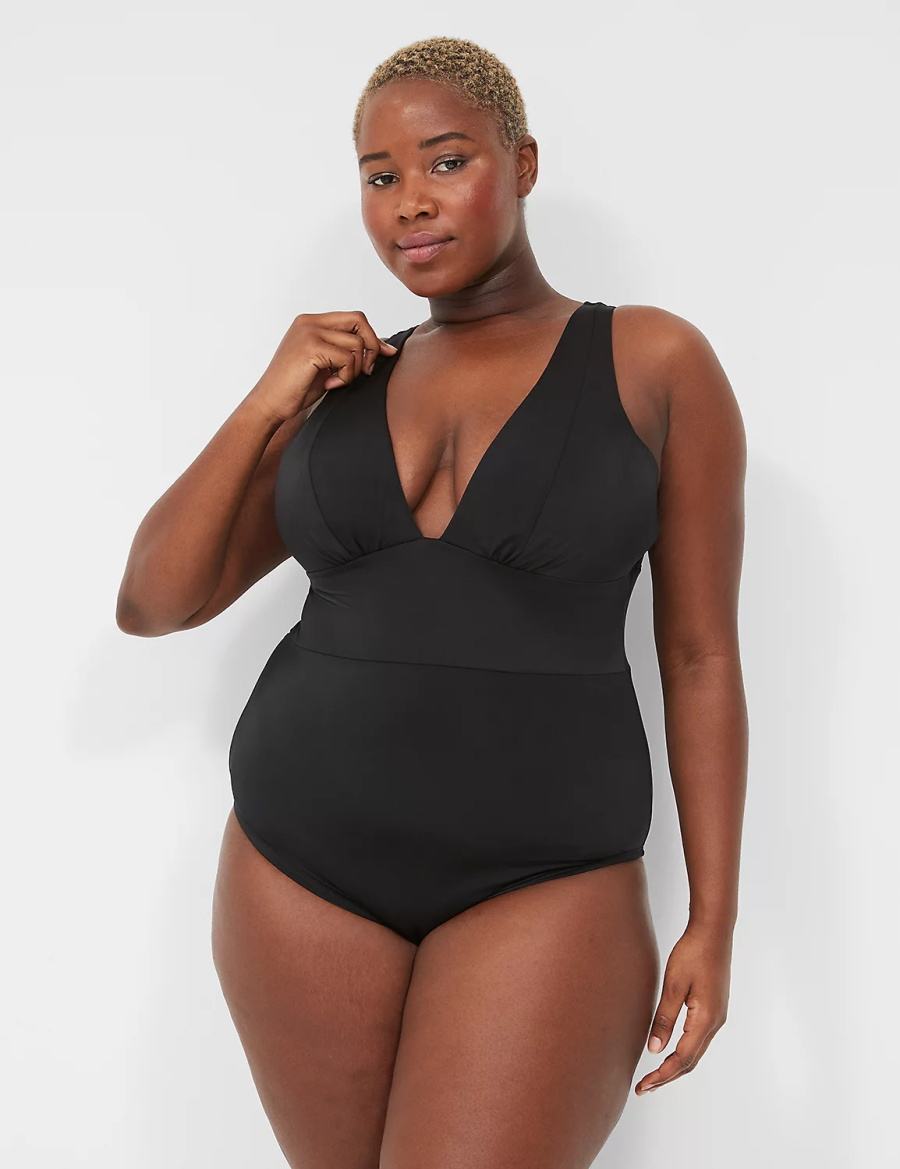 Women Lane Bryant No-Wire Plunge One-Piece Swimsuits Black | ATK396UO