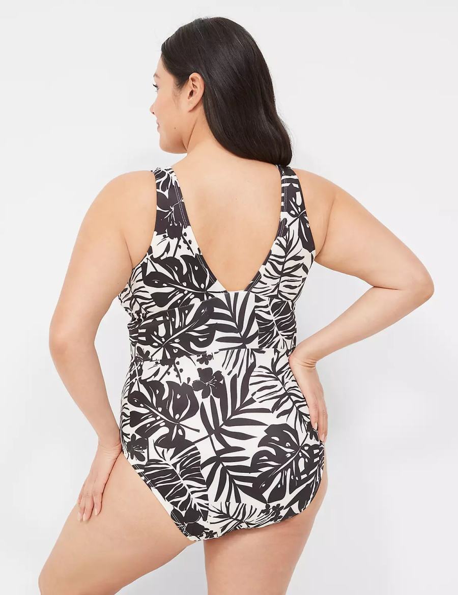 Women Lane Bryant No-Wire Plunge One-Piece Swimsuits White Black | GSP8590WZ