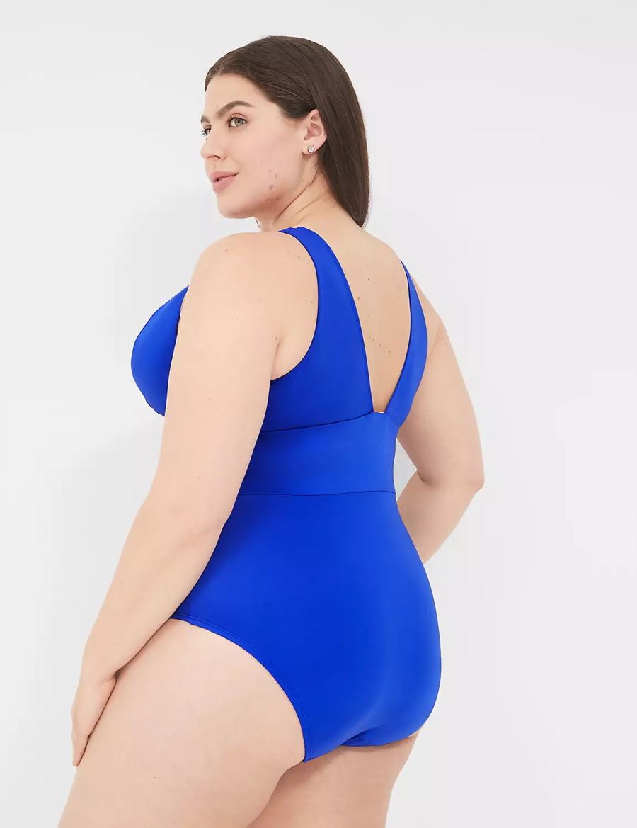 Women Lane Bryant No-Wire Plunge One-Piece Swimsuits Blue | YXU1556NJ