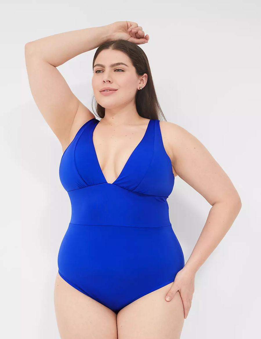 Women Lane Bryant No-Wire Plunge One-Piece Swimsuits Blue | YXU1556NJ