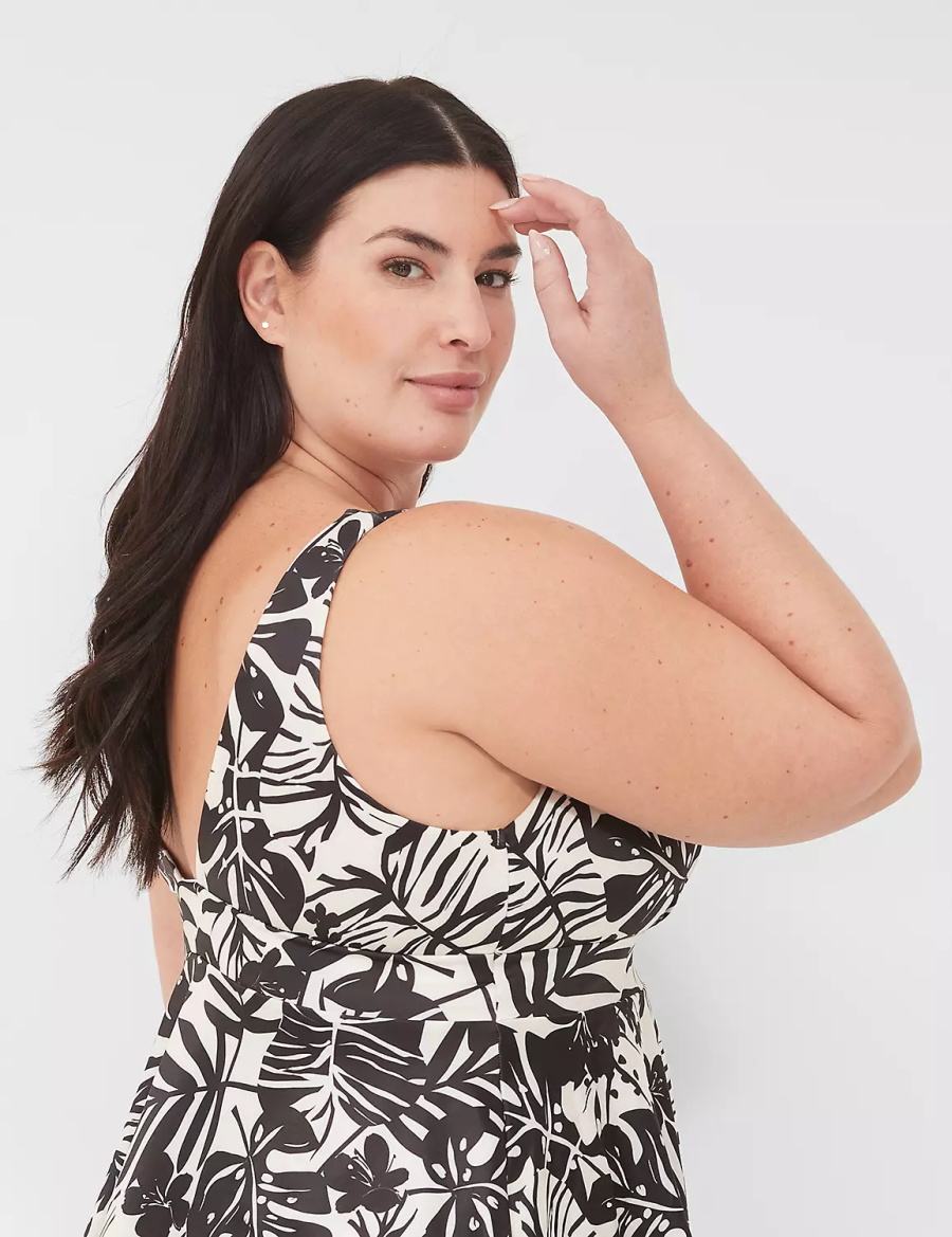 Women Lane Bryant No-Wire Plunge Tankini Bikini Top White Black | ZLW794IB