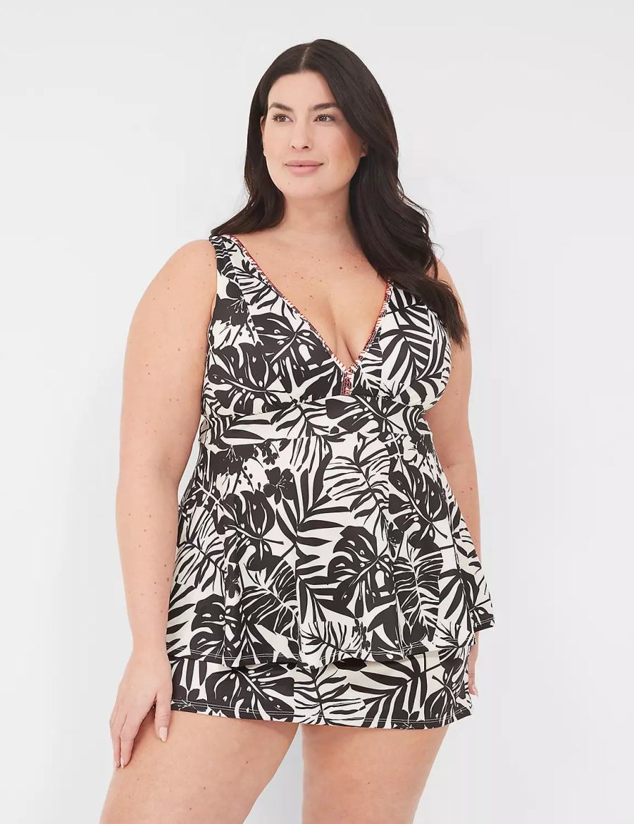 Women Lane Bryant No-Wire Plunge Tankini Bikini Top White Black | ZLW794IB