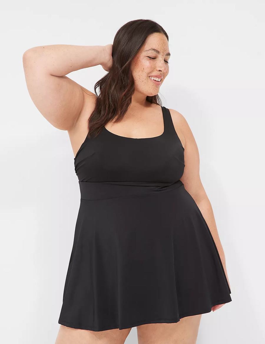 Women Lane Bryant No-Wire Scoop-Neck Swim Dress Black | THG584QP