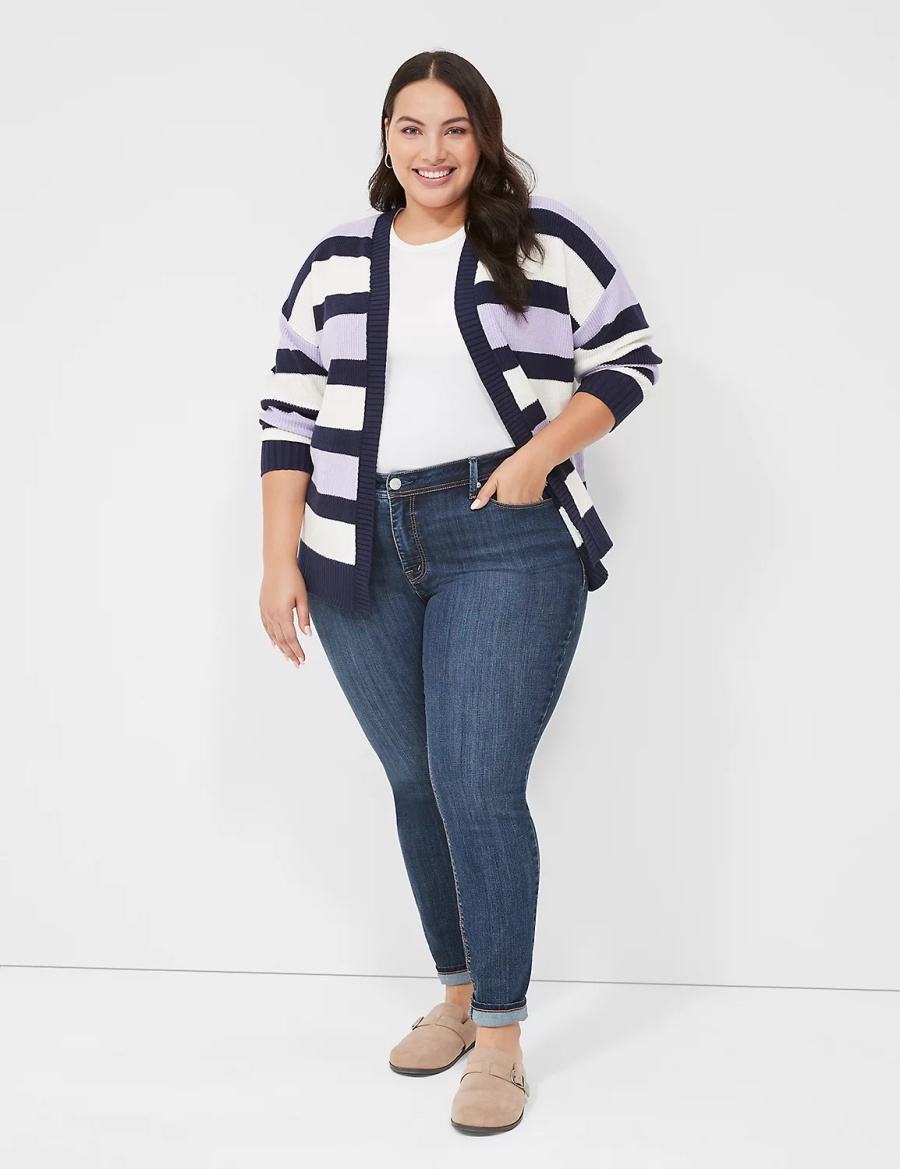 Women Lane Bryant Open-Front Stripe Cardigan Purple Navy Stripes | ELD9052PF