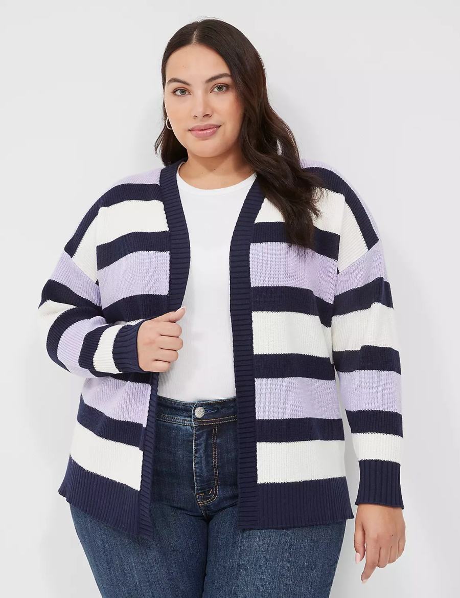 Women Lane Bryant Open-Front Stripe Cardigan Purple Navy Stripes | ELD9052PF