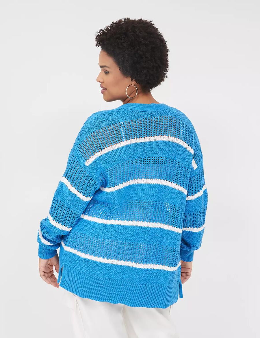 Women Lane Bryant Open Front Striped Cardigan Blue | WSX8411YW