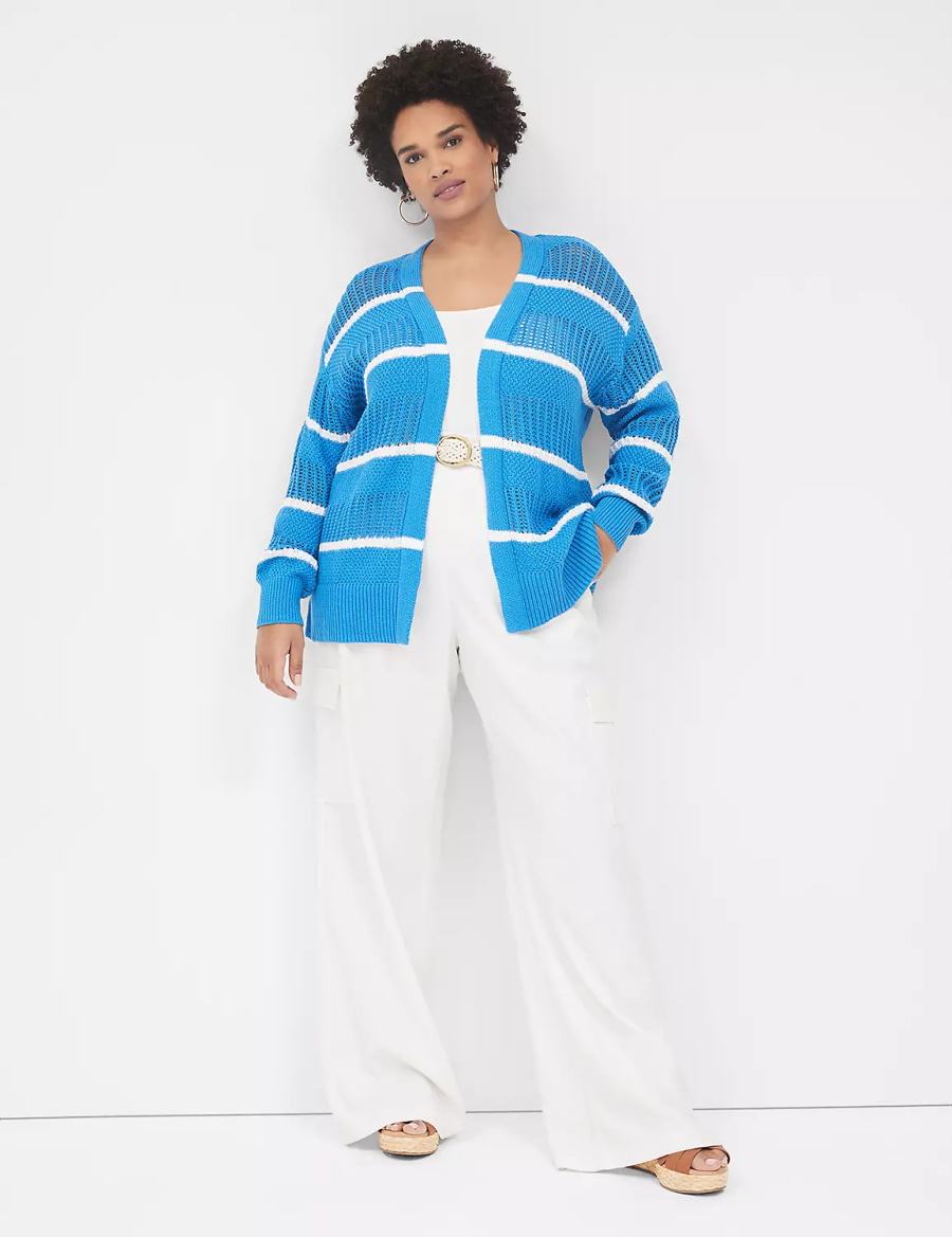 Women Lane Bryant Open Front Striped Cardigan Blue | WSX8411YW