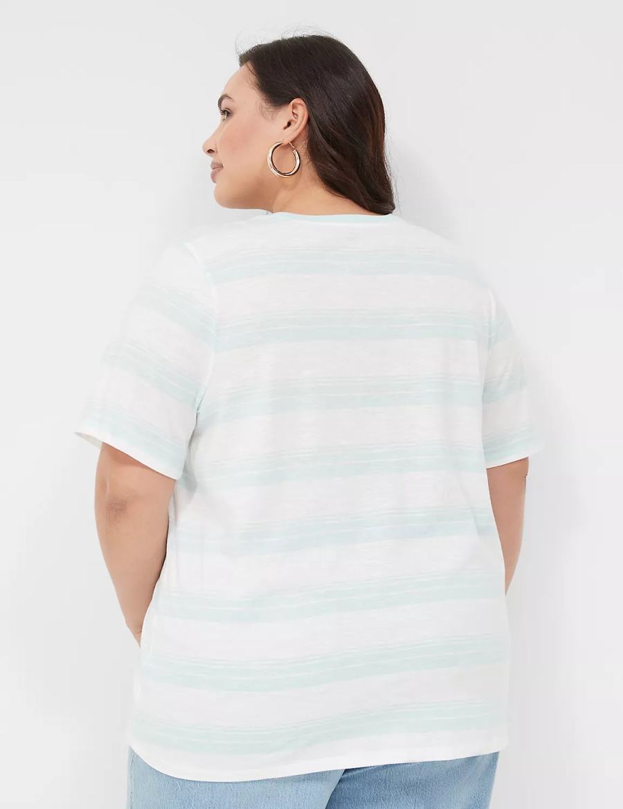 Women Lane Bryant Perfect Sleeve Crew-Neck Tee T Shirts Green White | ATT3341CJ