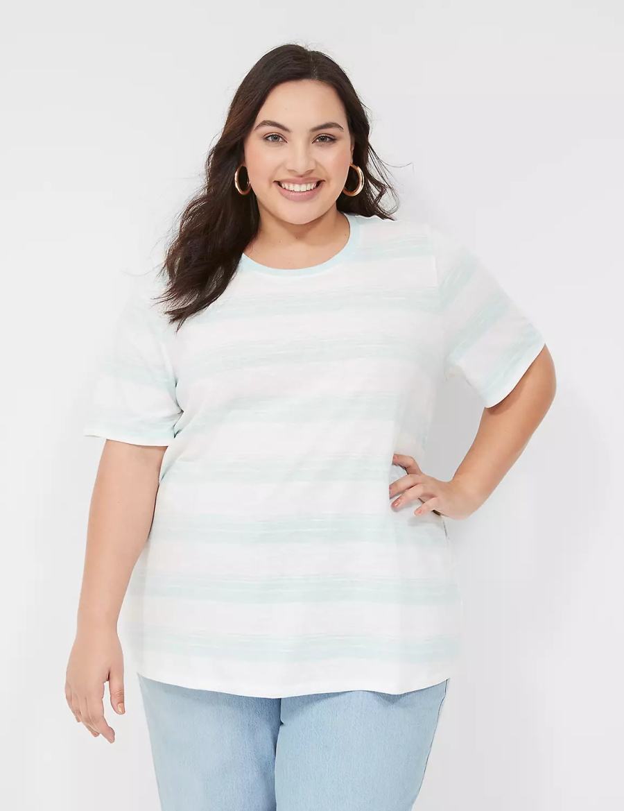 Women Lane Bryant Perfect Sleeve Crew-Neck Tee T Shirts Green White | ATT3341CJ