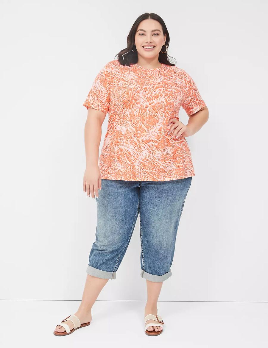 Women Lane Bryant Perfect Sleeve Crew-Neck Tee T Shirts Orange White | QGM7158BX