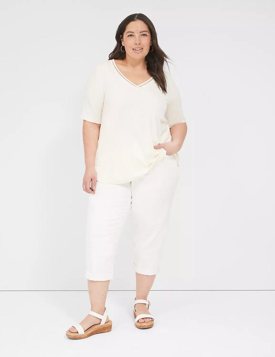 Women Lane Bryant Perfect Sleeve V-Neck Trim-Detail Tee T Shirts White | PVN9443WR